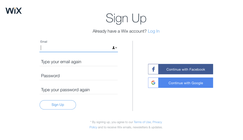 A screenshot showing the sign up page with the option to enter your email and password or log in using Facebook or Google.