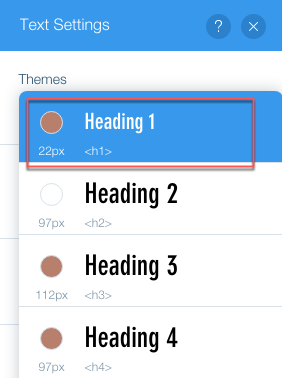 A screenshot of selecting Heading 1 in a theme