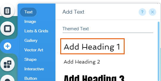 A screenshot of selecting Add Heading 1 in Wix Editor