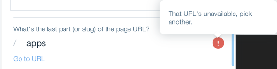 A screenshot of the error message That URL's unavailable above the URL slug text field.