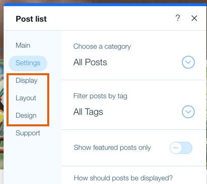 A screenshot showing the display, layout and design settings.