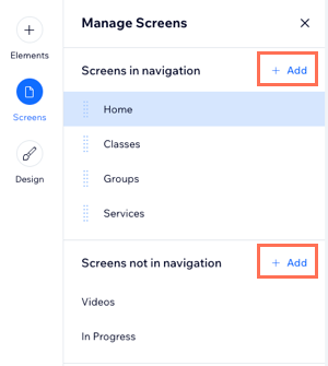 A screenshot demonstrating how to add new screens