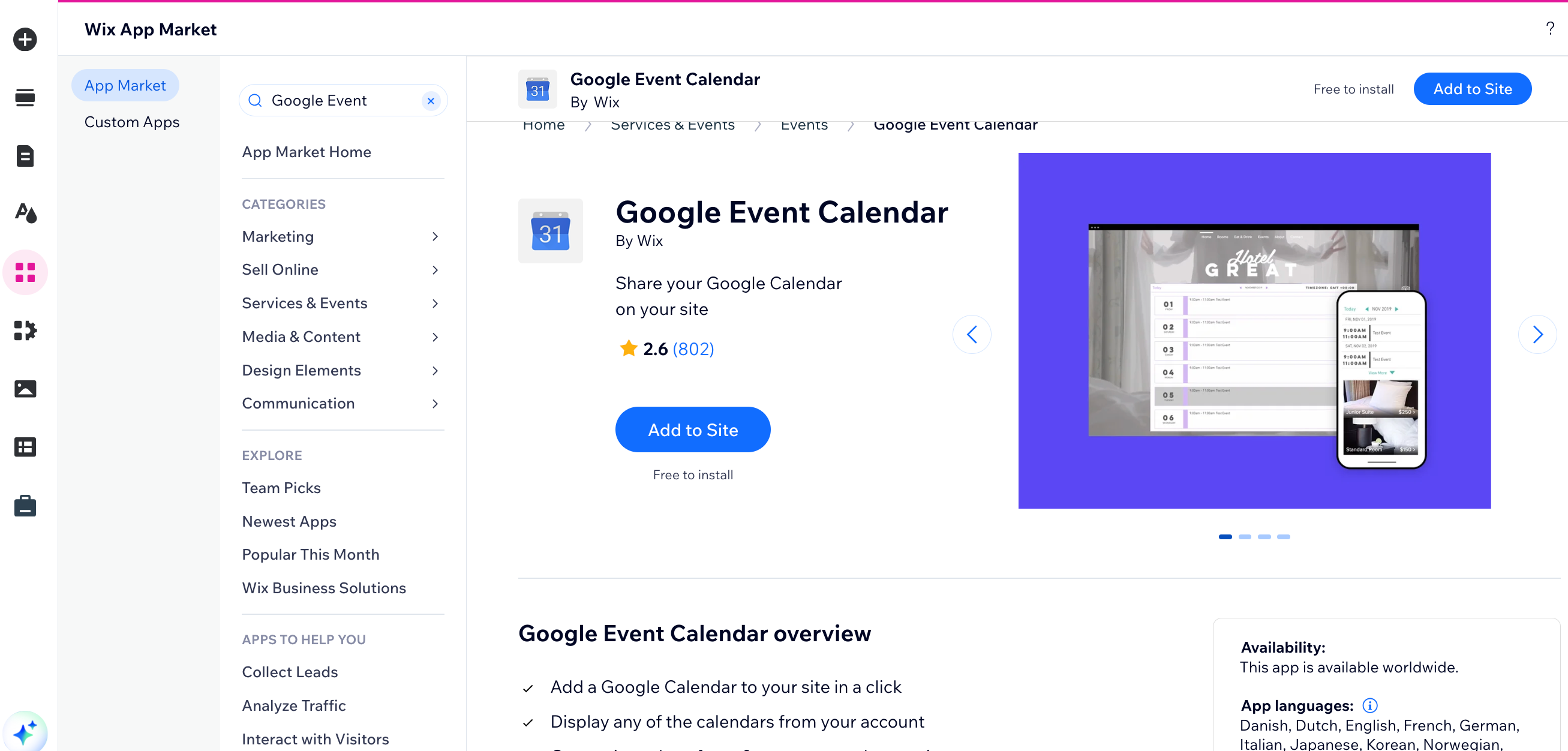 A screenshot showing how to add the Google Events Calendar app to the Wix Editor