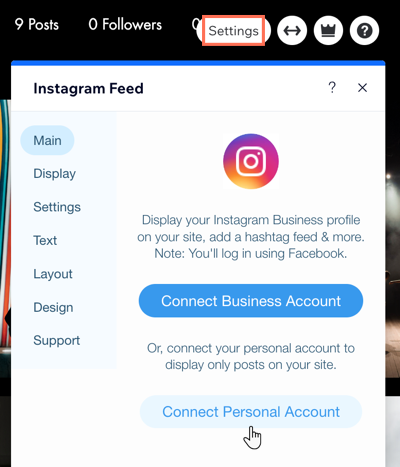 A screenshot showing how to connect your personal instagram account