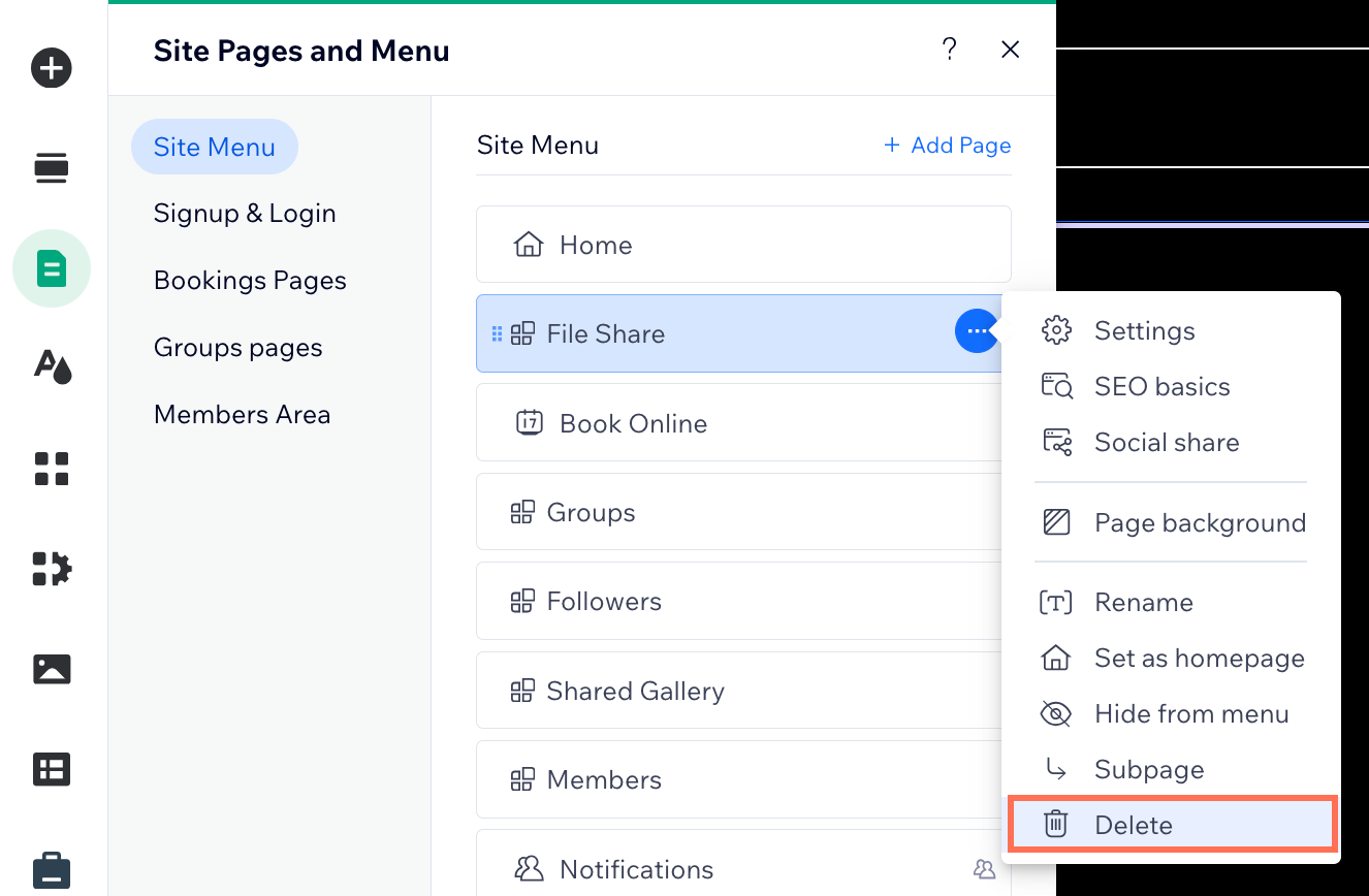 A screenshot showing how to delete the file share app in the Studio editor