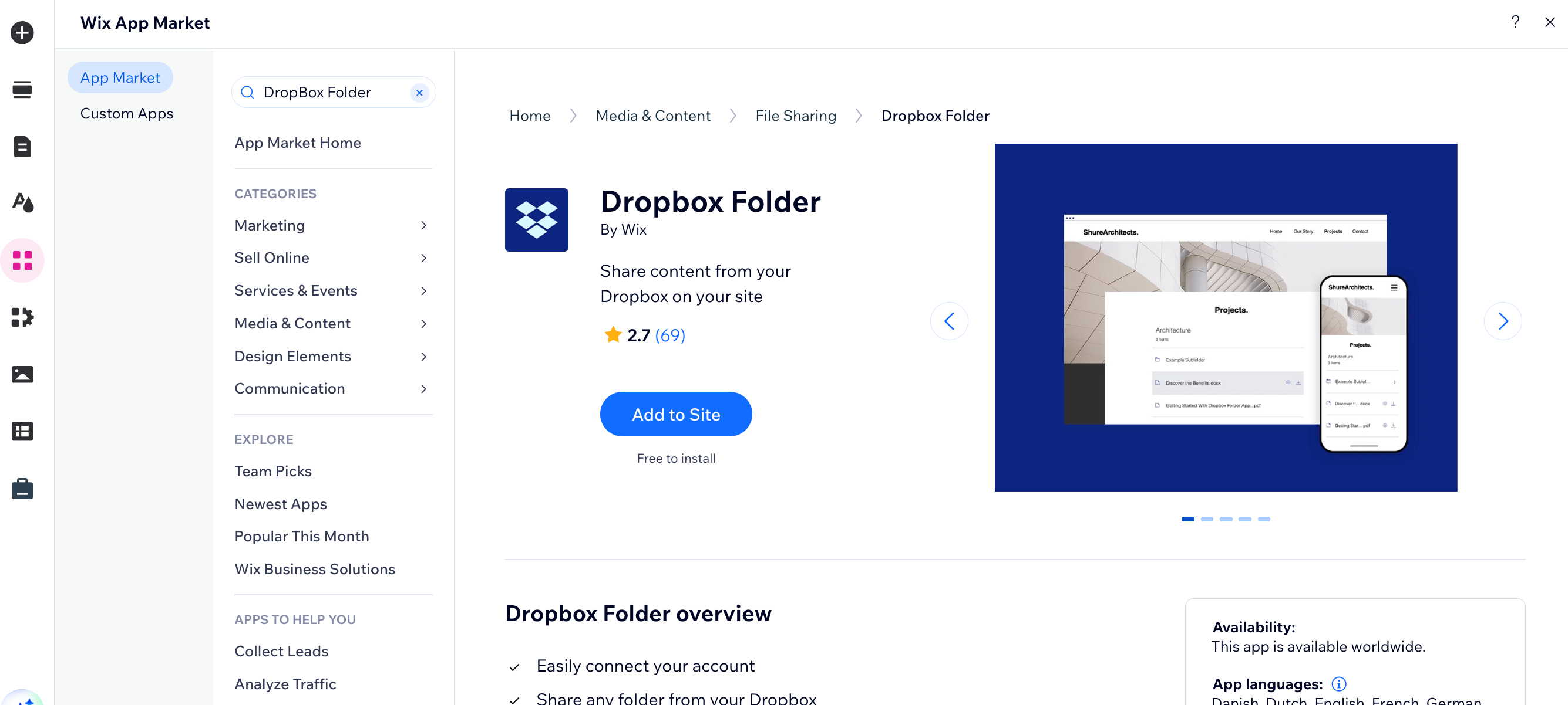 A screenshot showing how to add the Dropbox folder app to your Wix site