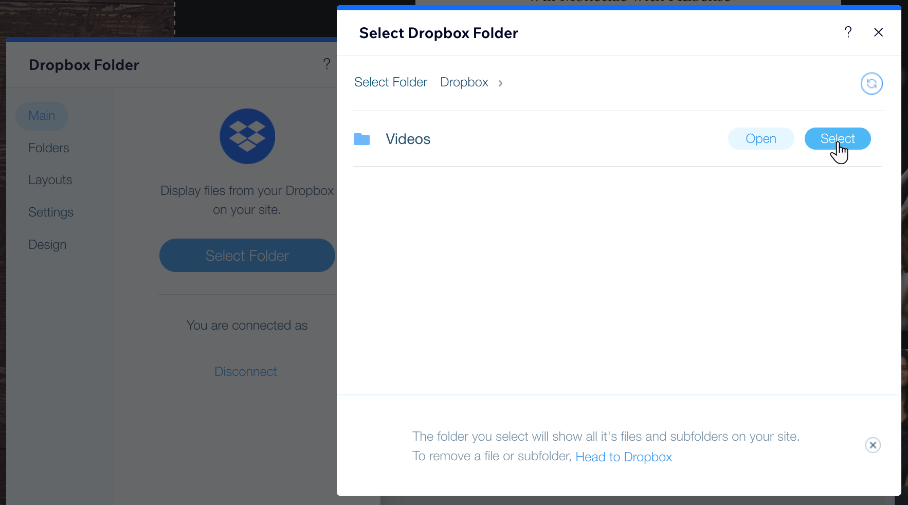 A screenshot showing how to select a specific dropbox folder