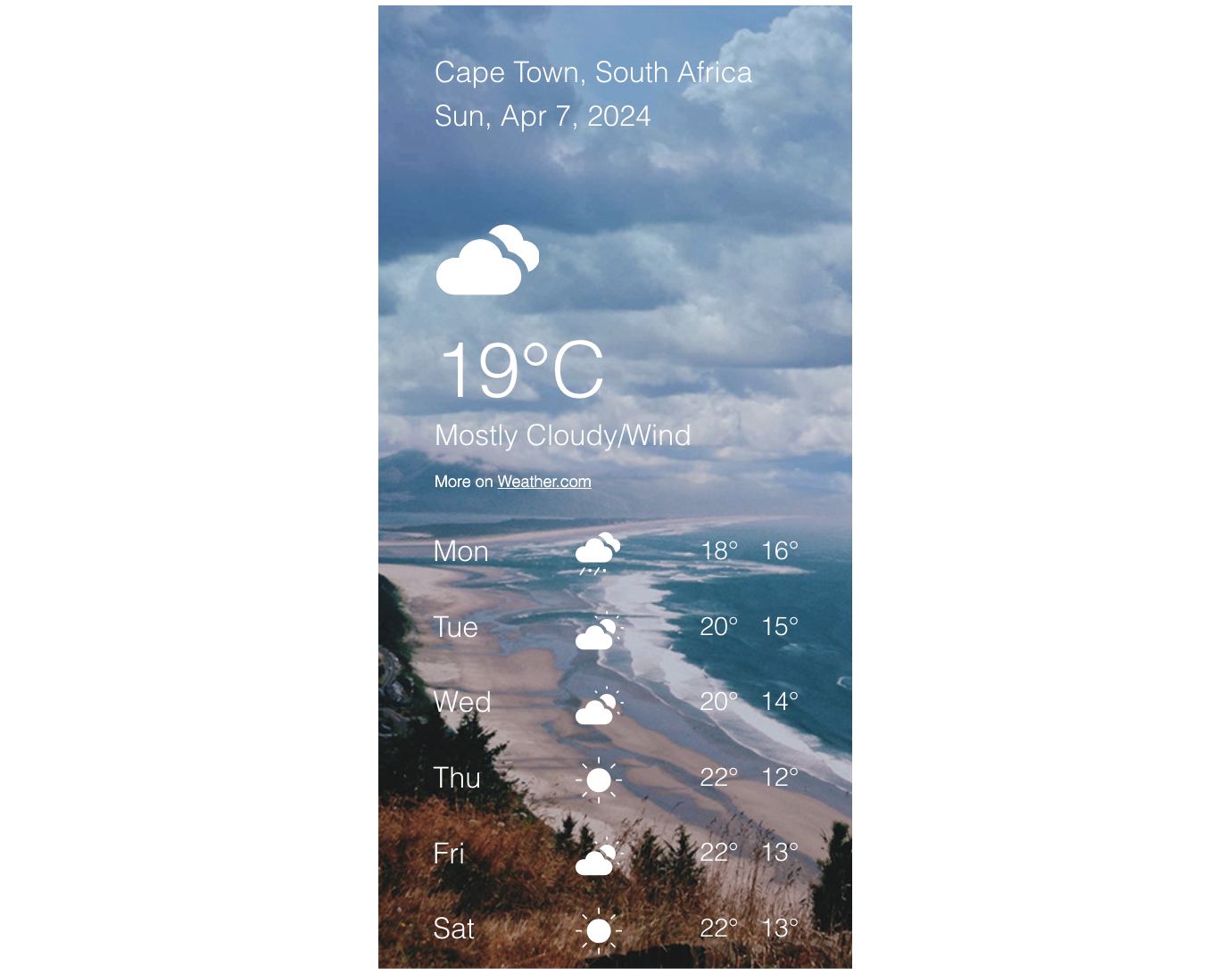 Un'immagine che mostra come appare l'app del meteo su un sito Wix