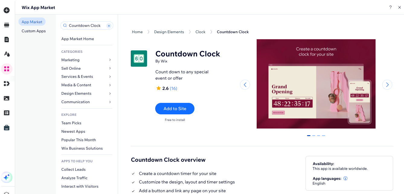 A screenshot showing how to add the Countdown Clock app to your Wix Editor site