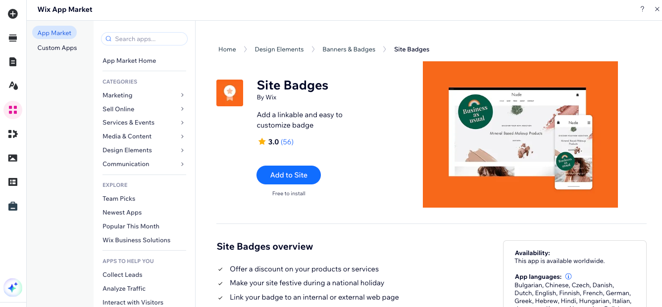 Een screenshot die laat zien hoe je de Site Badges-app toevoegt aan je Wix Editor-website