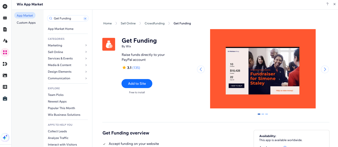 A screenshot showing how to add the get funding app in the Wix Editor