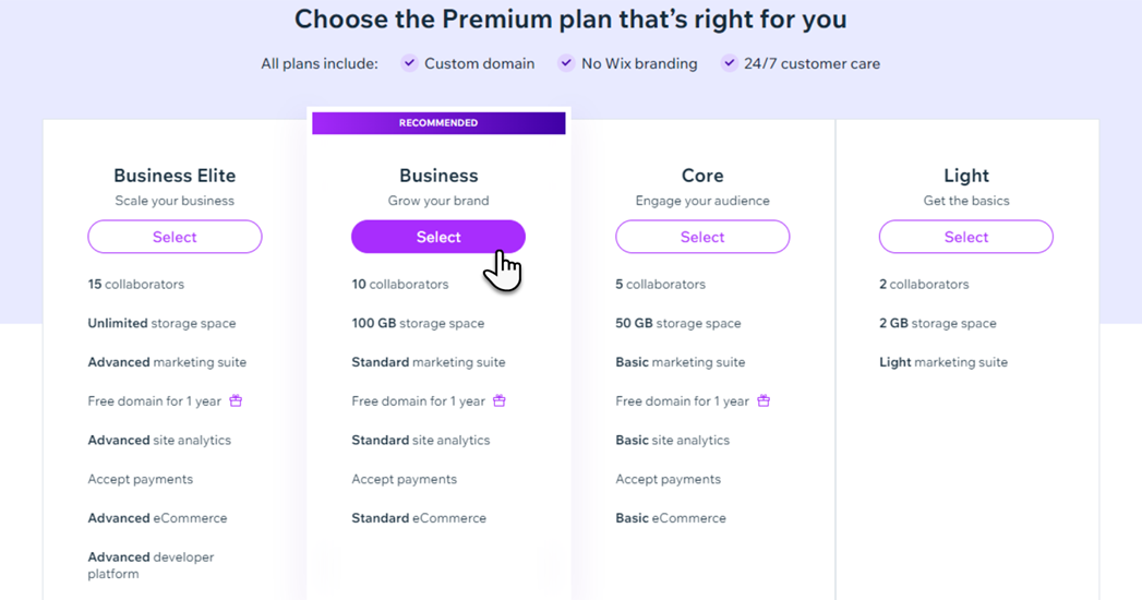 A screenshot showing the Premium plans in Wix.