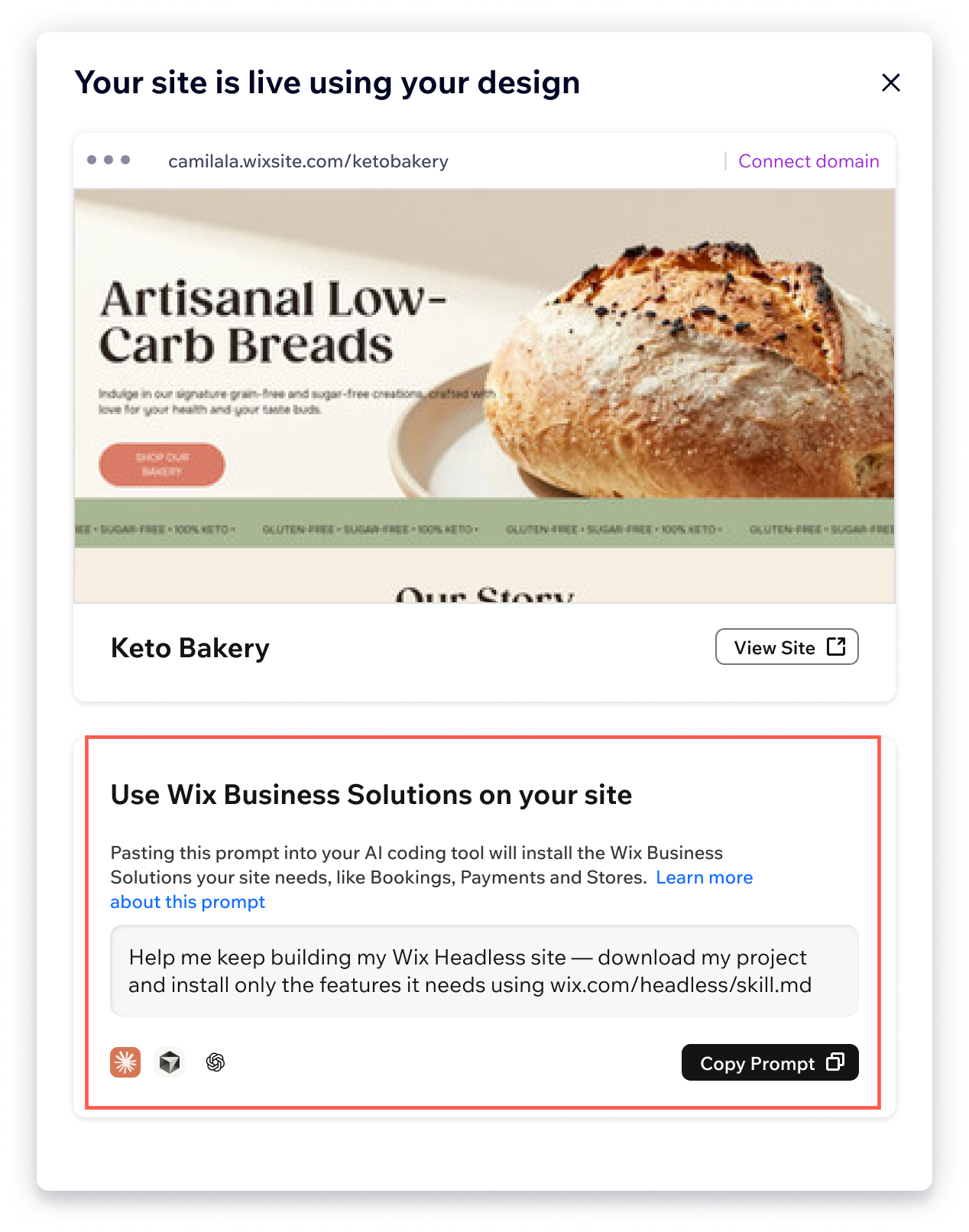 A screenshot of the Wix Headless window in the Wix dashboard.