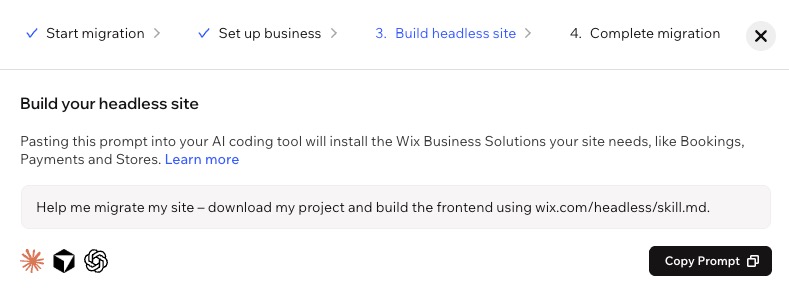 The copy prompt step of the headless migration process.