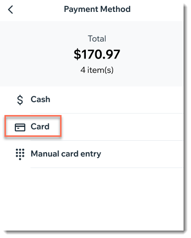 screenshop of POS screen where you select a payment method with Card circled