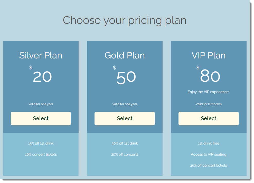 Captura de pantalla de una página personalizada de planes y precios.