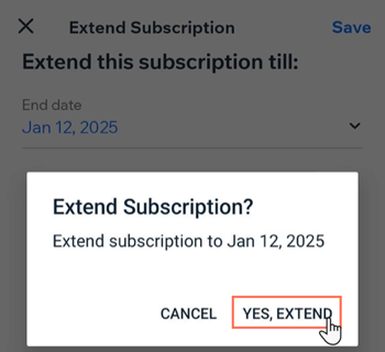 Screenshot showing how to confirm a subscription extension from the Wix owner app.