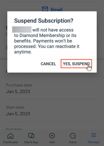 Screenshot showing how to suspend a customer's pricing plan from the Wix Owner app.