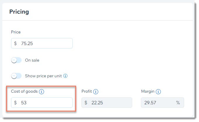 Captura de pantalla de la página en la que creas o editas productos, que muestra la sección Precios con el costo de la mercancía resaltado