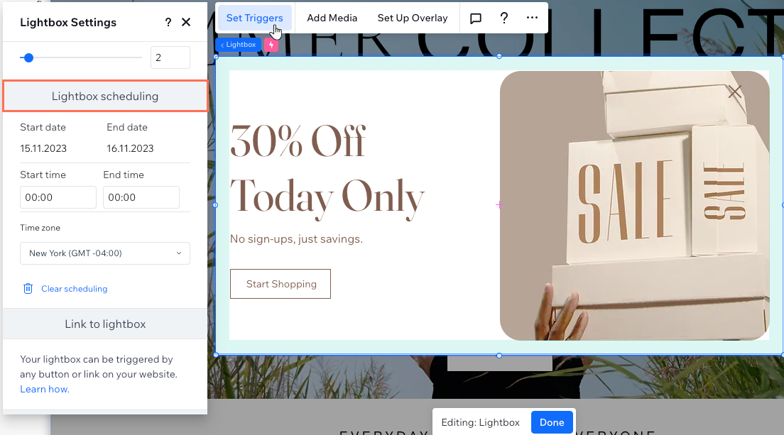 Wix Studio エディタでライトボックスのスケジュール設定を行なっているスクリーンショット