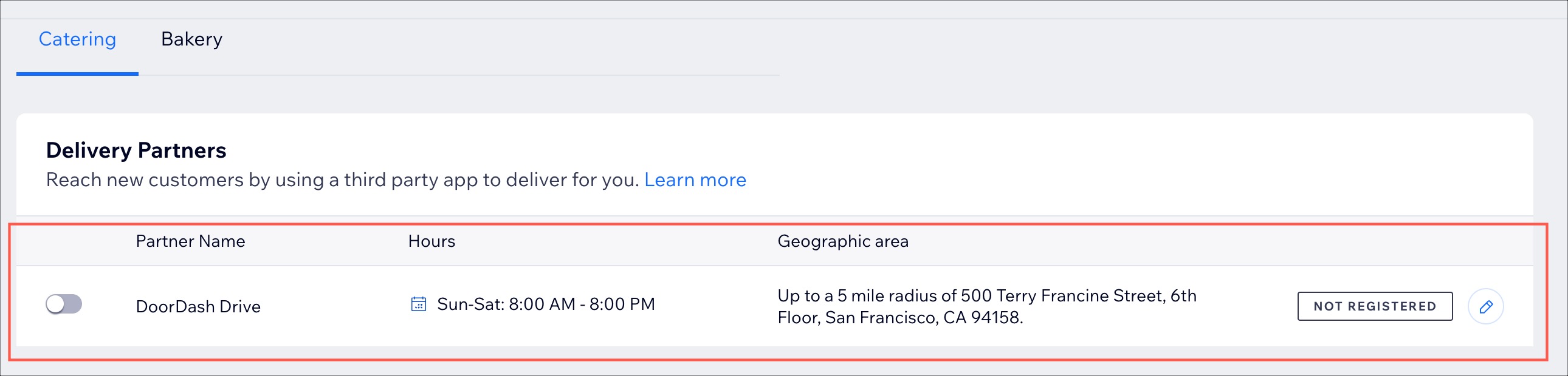 Capture d'écran du partenaire Doordash Drive dans le tableau de bord d'un site.