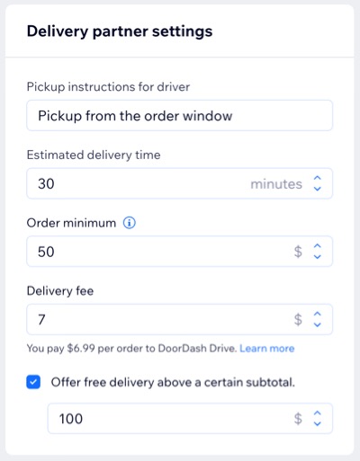 Capture d'écran de la personnalisation des paramètres de livraison pour DoorDash Drive dans le tableau de bord d'un site.