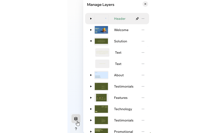 The Manage Layers panel in the Wix Harmony Editor