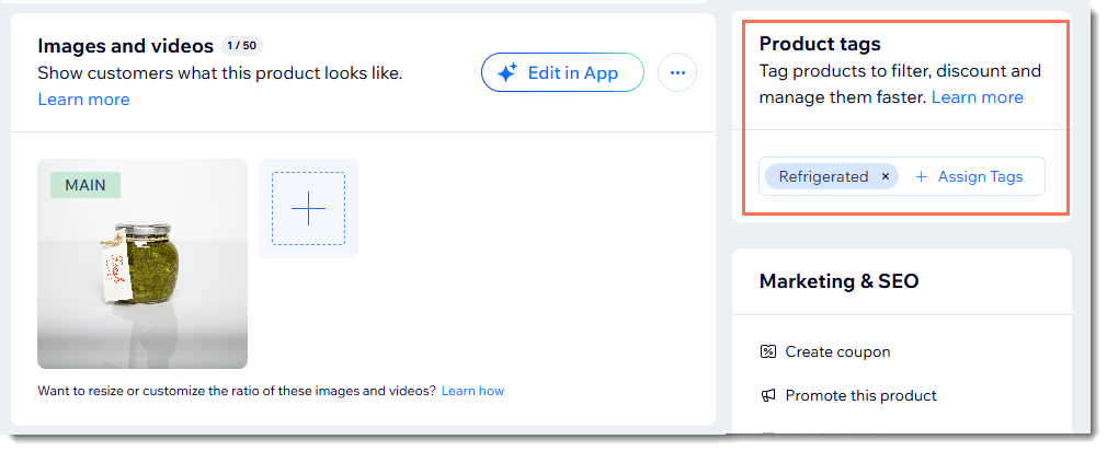 Screenshot di parte della pagina di creazione del prodotto su Wix Stores con la sezione dei tag prodotto in evidenza