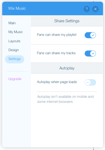 A screenshot of the Settings panel in the Wix Music player.