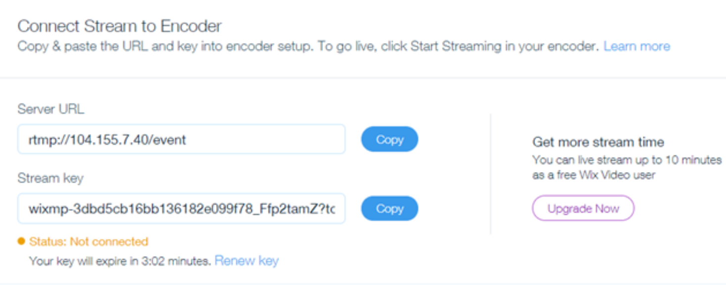 A screenshot of the stream encoder connection menu, showing options to enter a server URL, stream key and upgrading your site