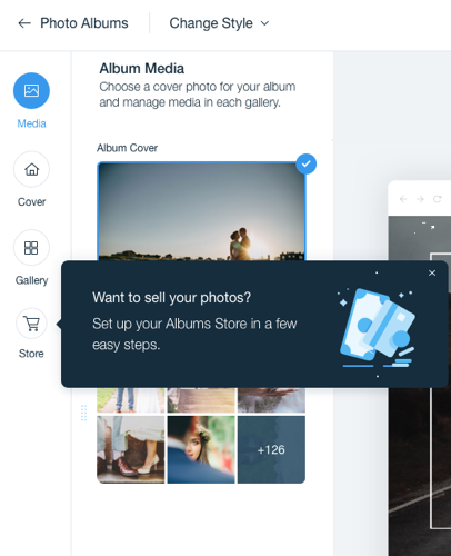 Captura de pantalla de cómo agregar una tienda a la app de Wix Photo Albums.