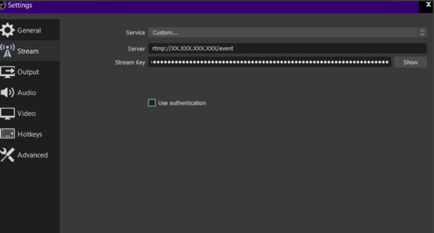 A screenshot of the server and stream key details of a live stream video in an OBS encoder.