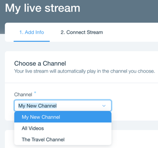 A screenshot of the Choose a Channel drop-down setting for setting up a live stream within the Wix Video library.