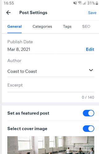 A screenshot showing the option to set a post as featured using the Wix app.