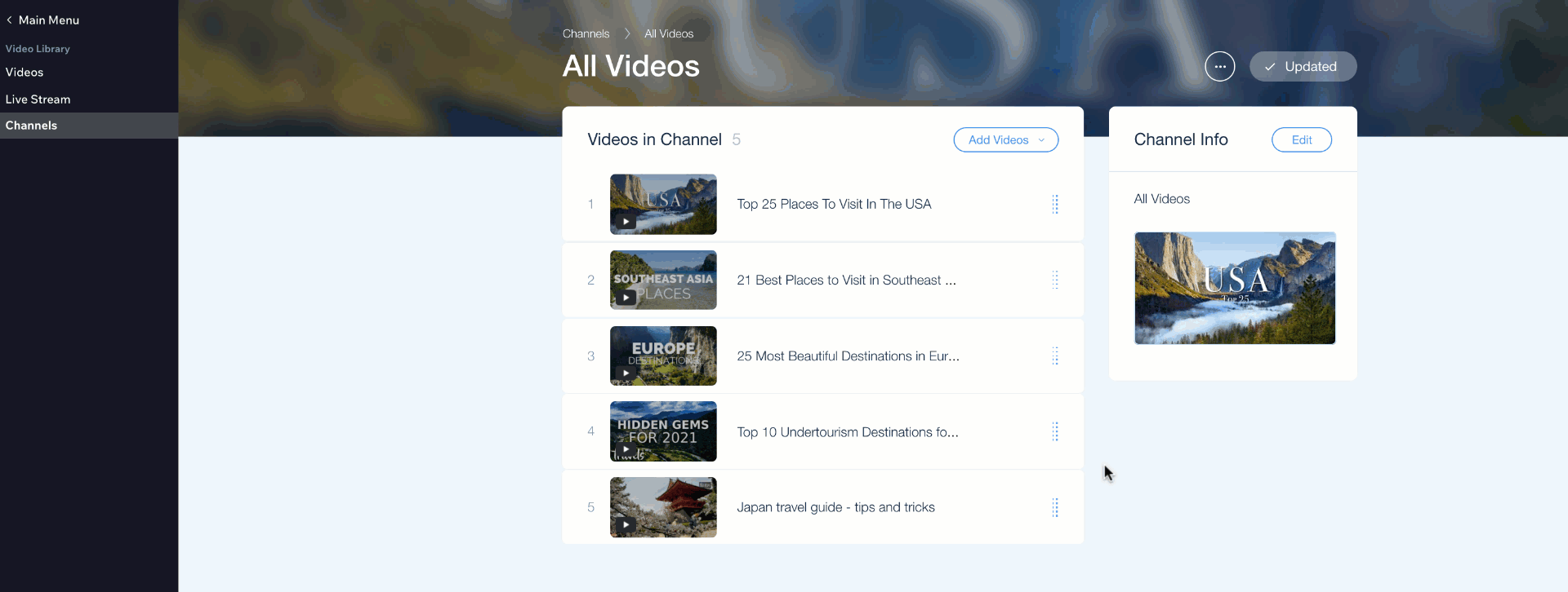 A GIF animation showing the reordering of videos in a channel.