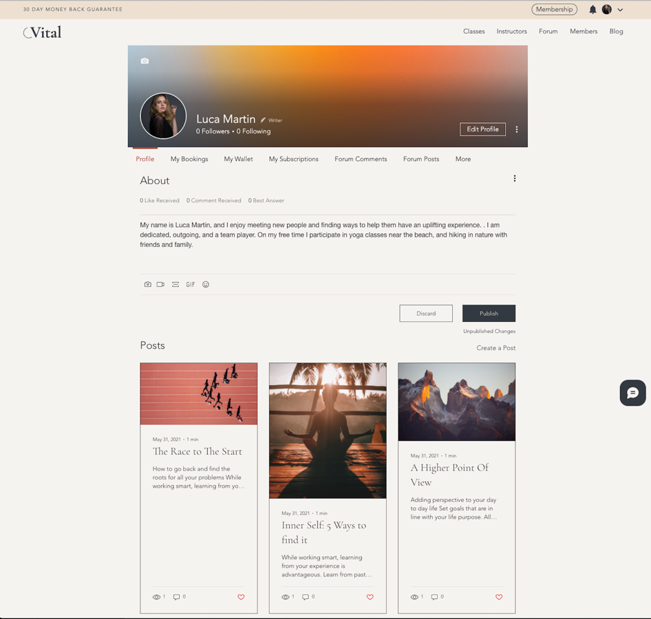 An example of a site member's profile page