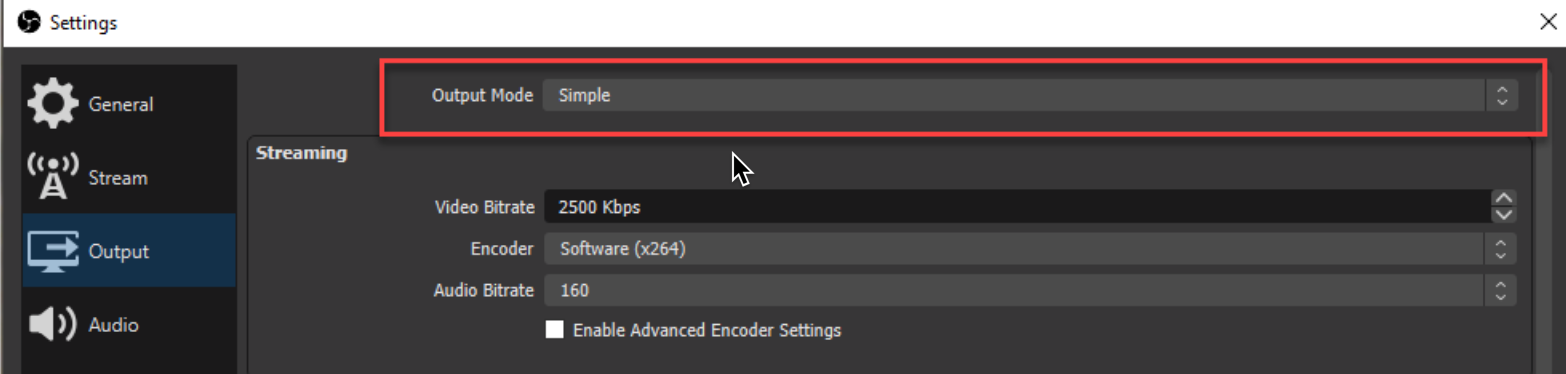 Uno screenshot di OBS Studio Encoder che mostra le impostazioni di output.