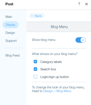 A screenshot showing the blog menu settings.