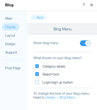 Capture d'écran montrant les paramètres du menu du blog.