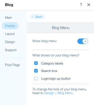 A screenshot showing the blog menu settings.