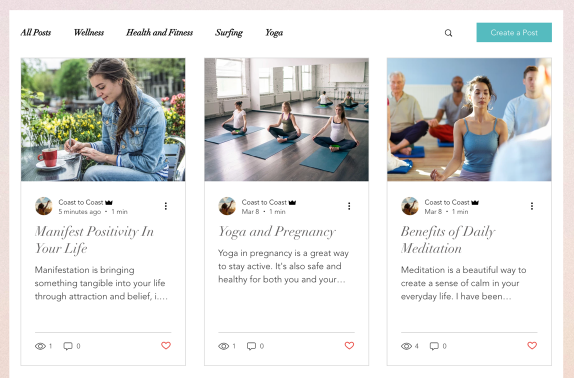 Screenshot, der einen Blog-Feed auf einer Website zeigt.