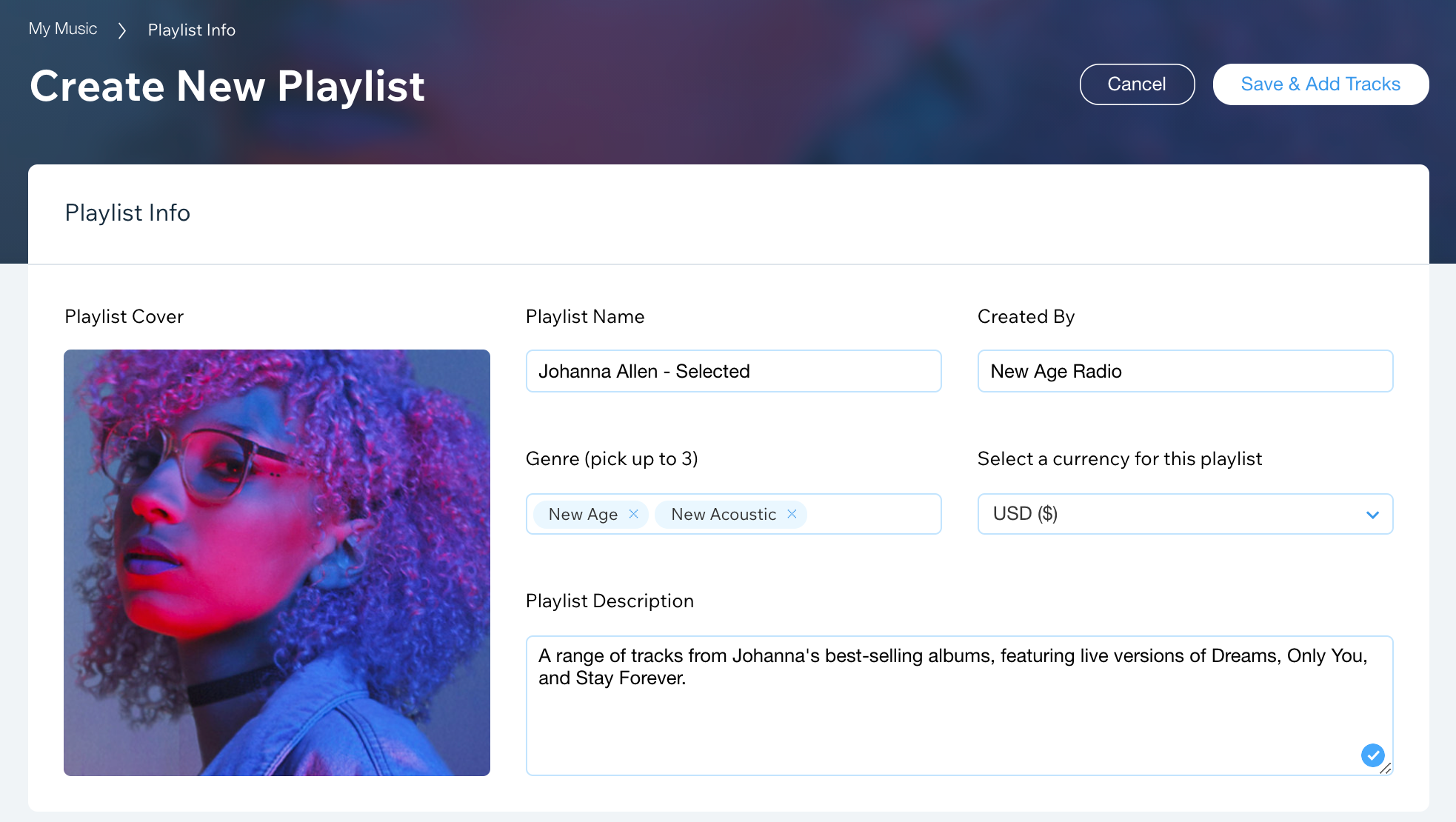 Uma captura de tela das opções da playlist.