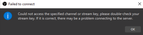 Een screenshot van een foutmelding die wordt getoond als het gespecificeerde kanaal of de stream-key niet kan worden bereikt.