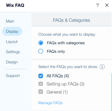 Uma imagem mostrando as opções de exibição para o tipo de FAQ que você deseja.