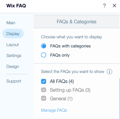 An image showing the display options for the the type of FAQs you want.