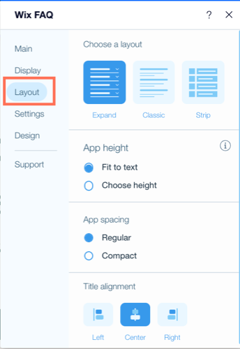 Immagine che mostra le opzioni per personalizzare il layout delle FAQ