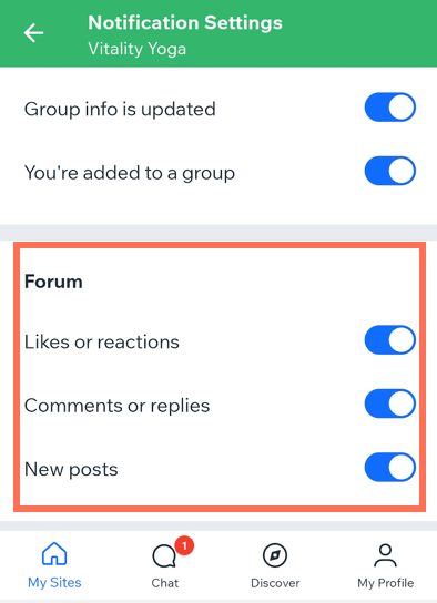 A screenshot of Forum notification settings in the Wix Owner app.