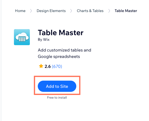 A screenshot showing how to add the Table Master app to your site.