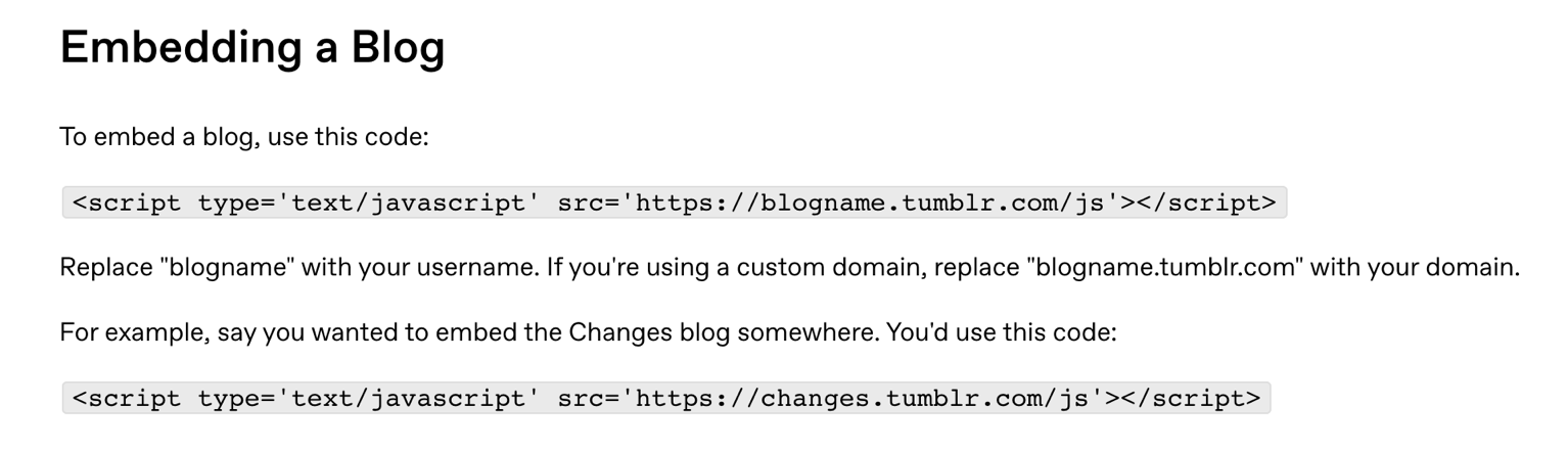 A screenshot showing the code that needs to be copied in order to embed your Tumblr blog.