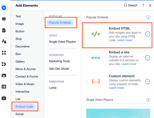 A screenshot of the the Add Elements panel showing the option to Embed HTML.
